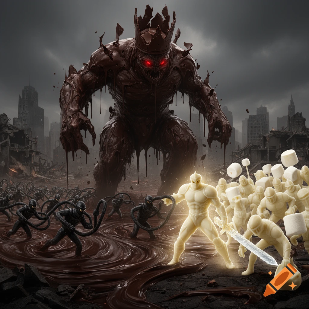 A giant chocolate monster with glowing red eyes battles a white chocolate hero and his army of marshmallow and licorice soldiers in a ruined city.