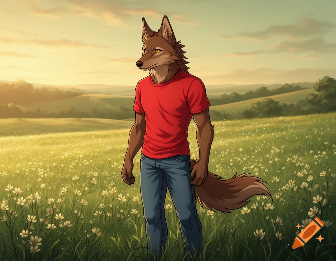 An anime-style brown anthropomorphic wolf in a red t-shirt and blue jeans stands in a sunny green field with white flowers.