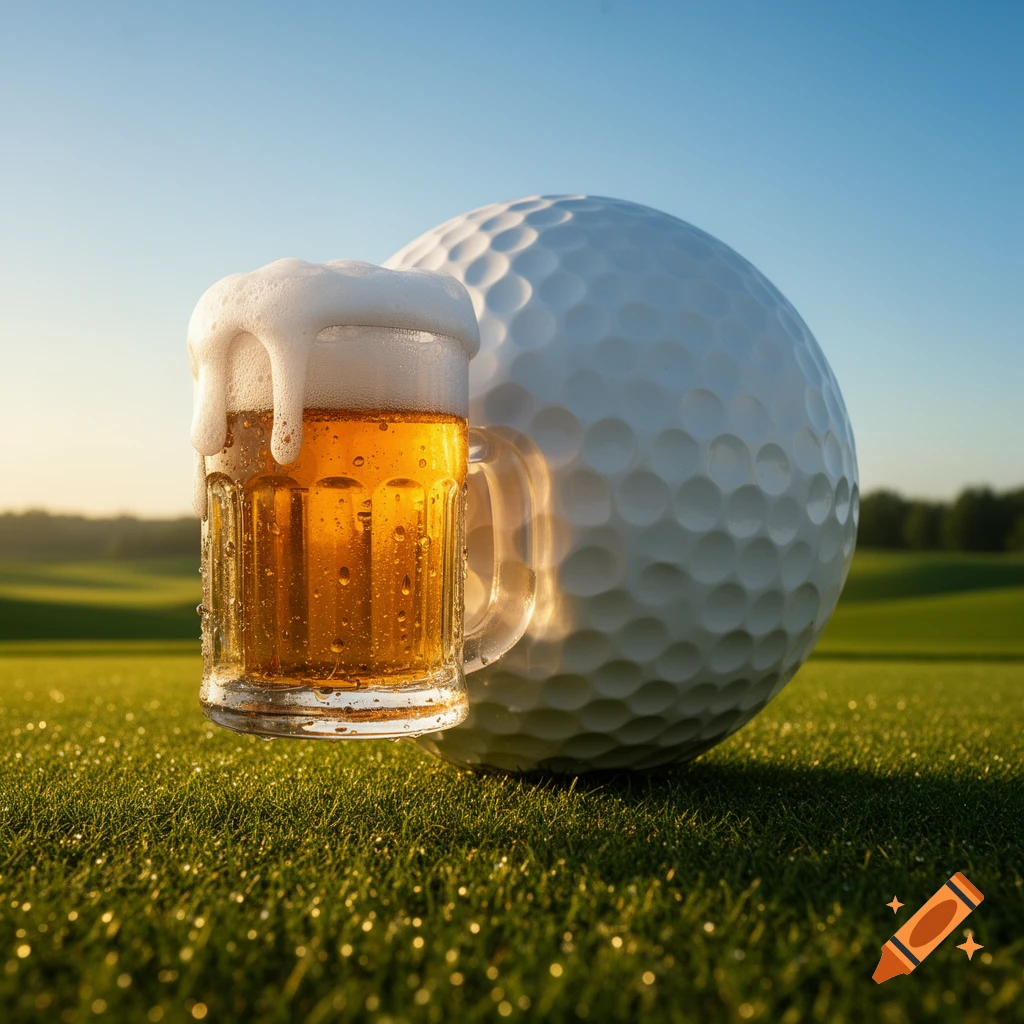 A photorealistic image of a frosty mug of beer next to a large golf ball on a golf course at sunset.