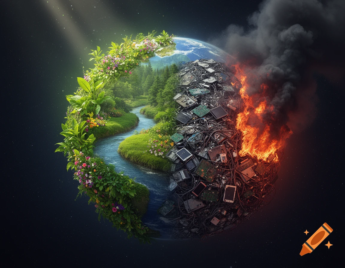 Conceptual Earth globe divided into lush nature with a river and burning electronic waste with smoke.