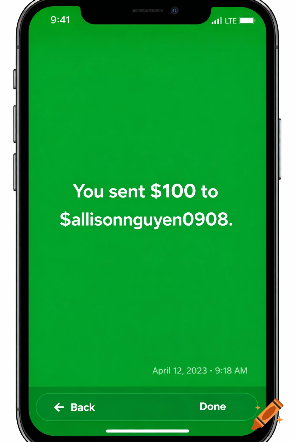 Screenshot of a mobile phone displaying a green Cash App transaction confirmation of $100 sent to $allisonnguyen0908.