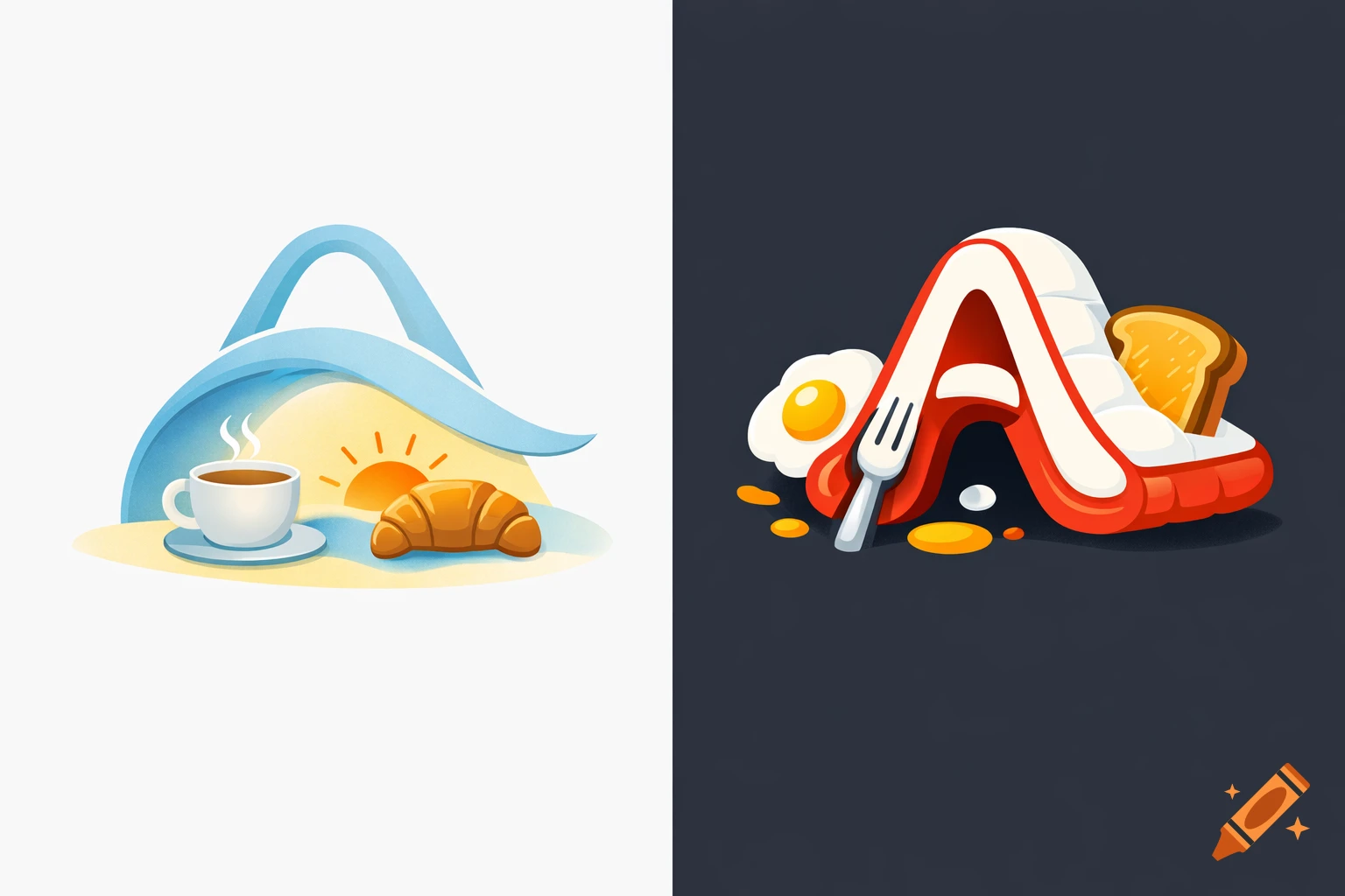 Two illustrations: one with coffee, croissant, and sunrise under a blue arch; another with a stylized red 'A', fried egg, fork, and toast.