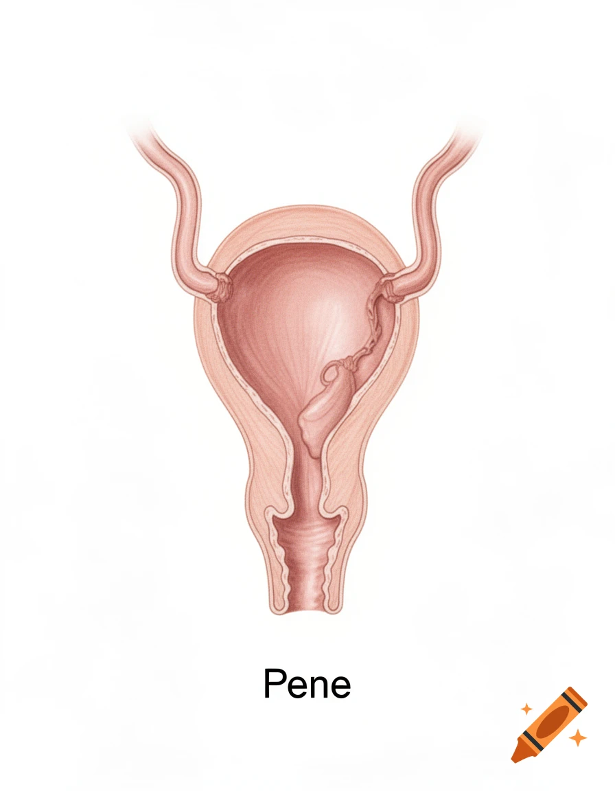 An anatomical illustration of the human female reproductive system, including the uterus and fallopian tubes, with the word "Pene" written below it.