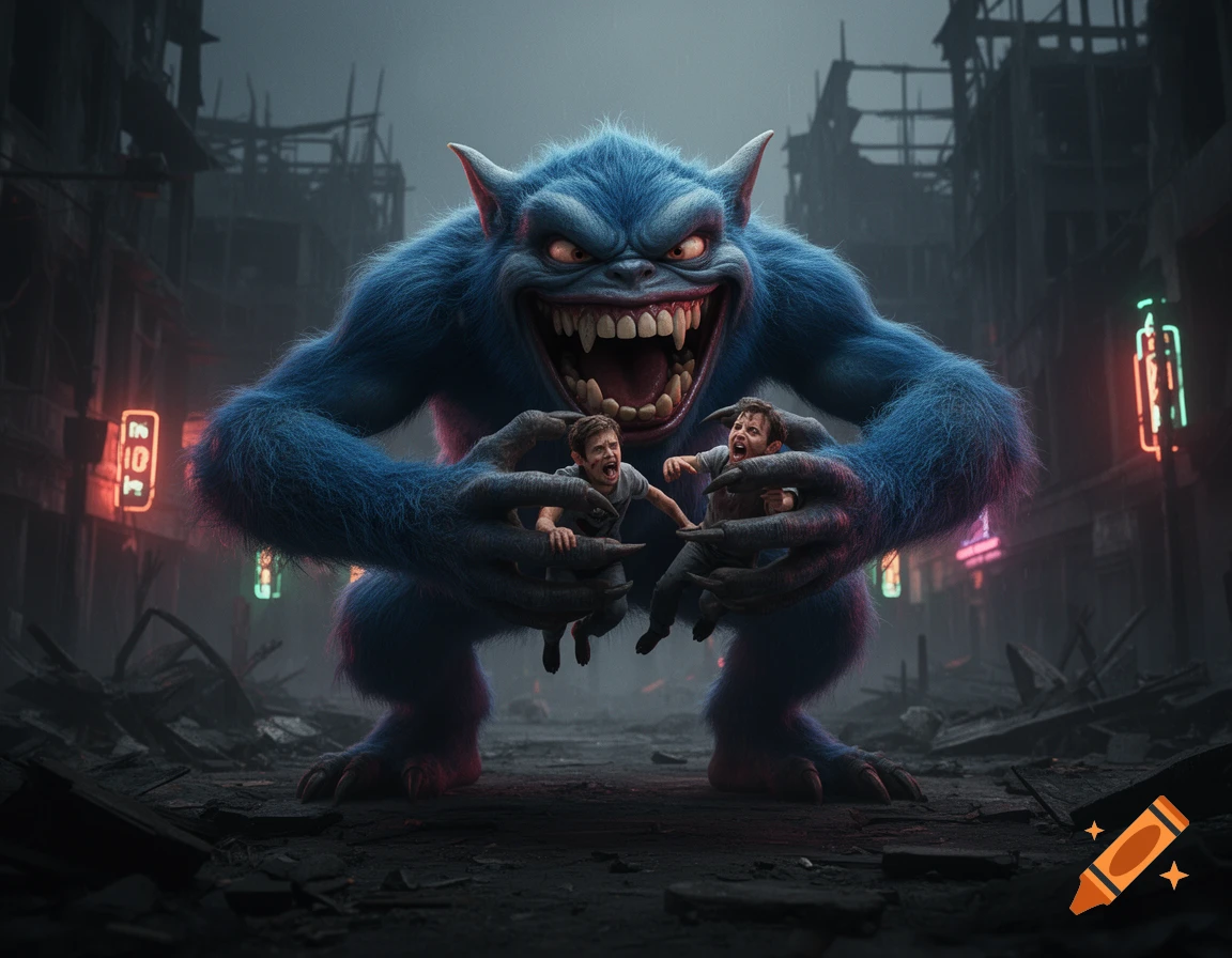 A huge blue furry monster with sharp teeth and glowing eyes holds two screaming children in a dark, ruined city street.