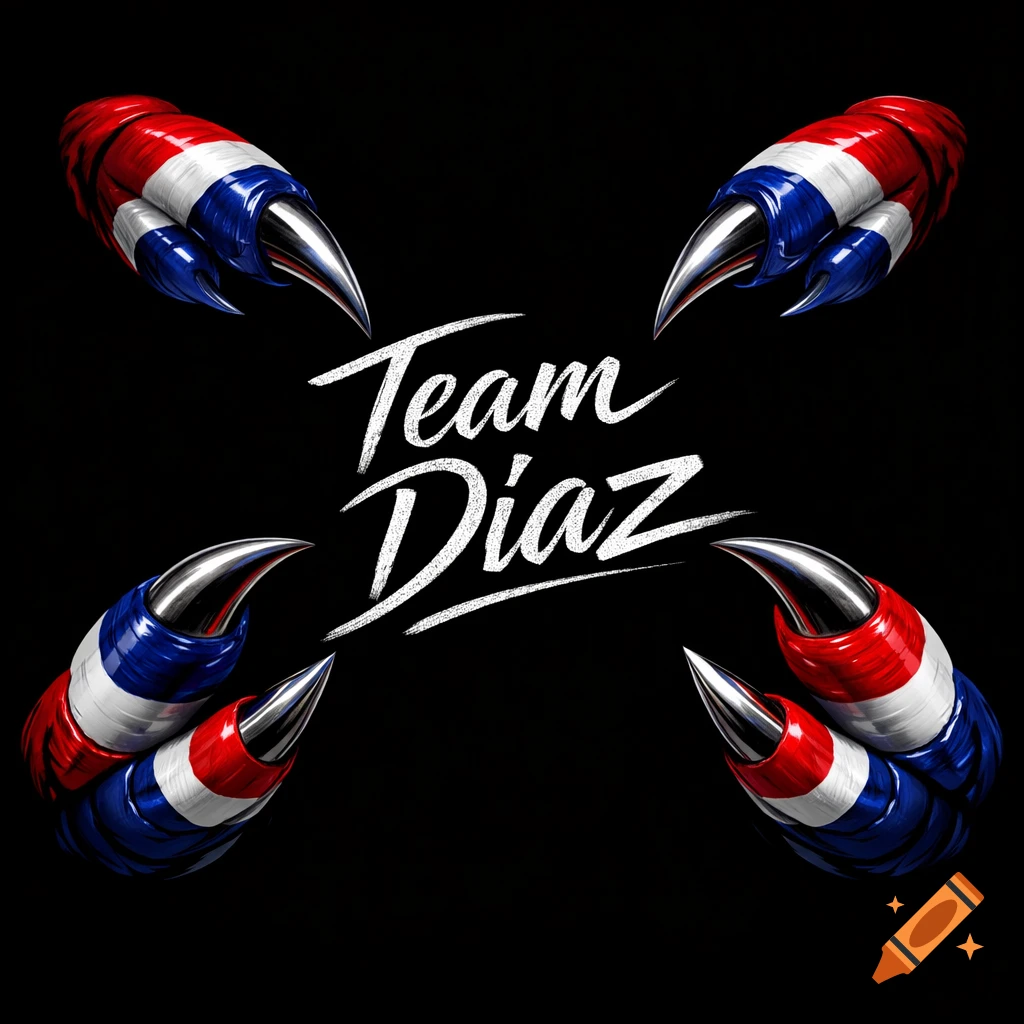 Four stylized red, white, and blue claws pointing inwards on a black background, framing the white text "Team Diaz".