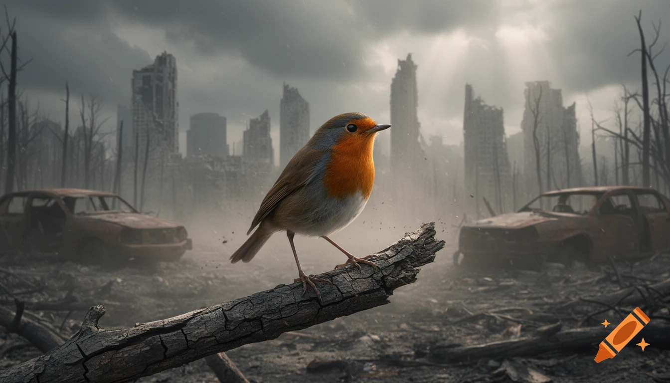 A photorealistic European robin on a cracked branch against a post-apocalyptic city with destroyed buildings, burned trees, and rusted cars.
