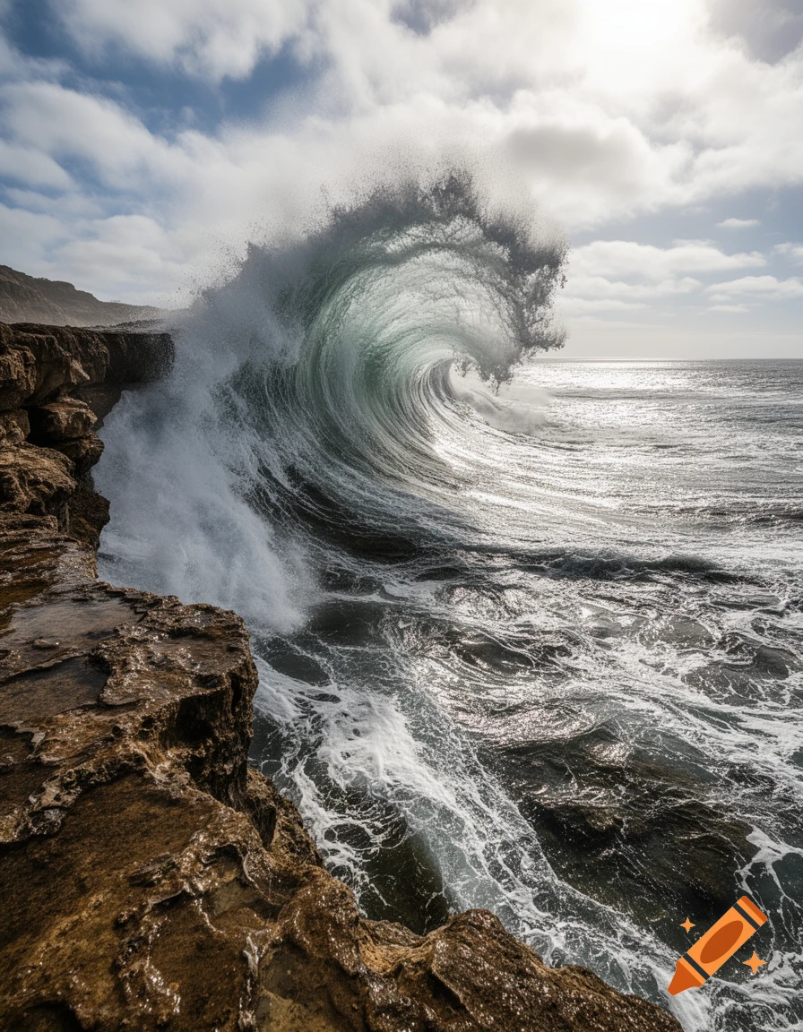 A massive ocean wave crashes powerfully against dark, rocky cliffs under a cloudy sky, with sunlight reflecting on the water.