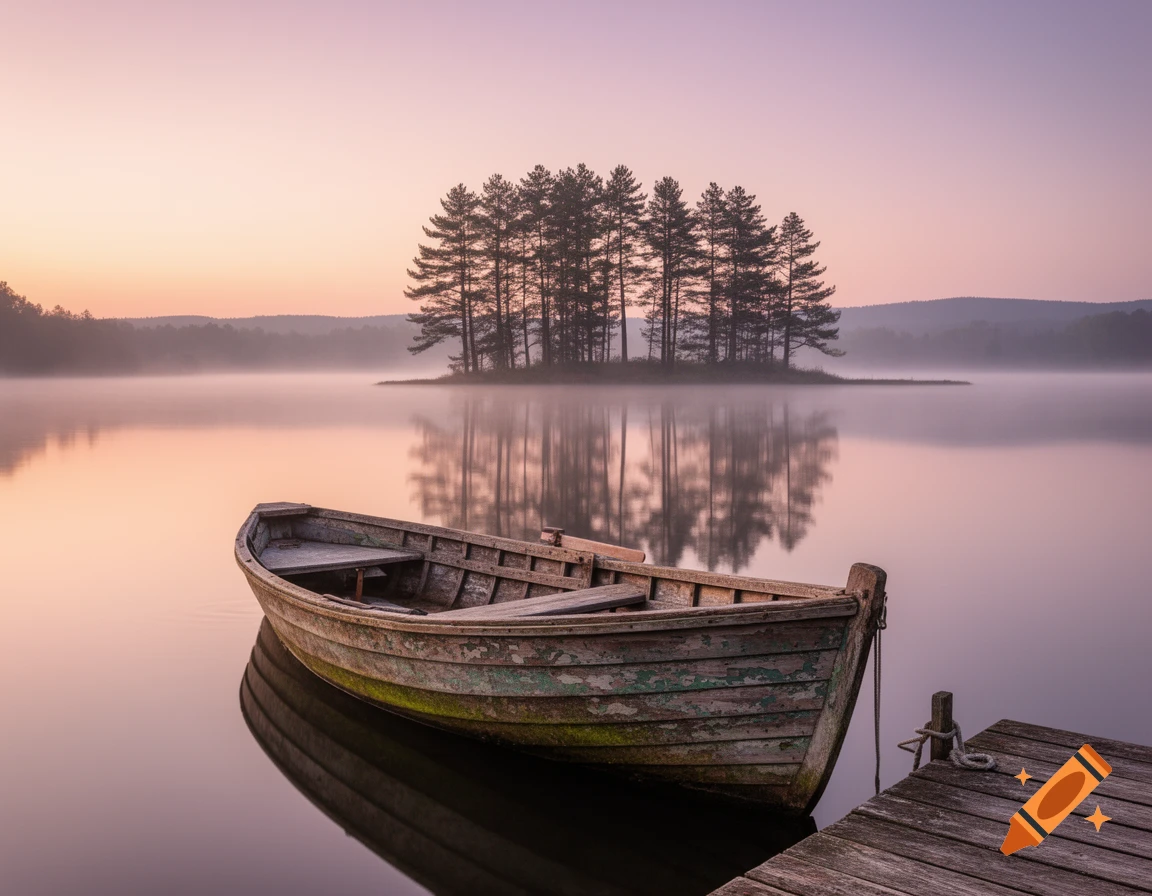 An old wooden rowboat tied to a wooden dock on a misty lake at sunrise, with a small island of pine trees in the distance.