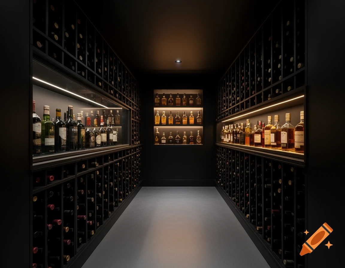 A luxurious, narrow wine cellar with black walls, dark floor, and backlit shelves displaying wine and spirit bottles.