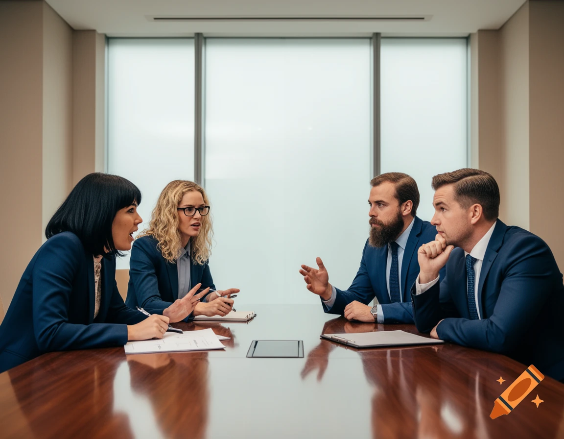 Four business professionals in suits discuss around a large conference table in a modern office.