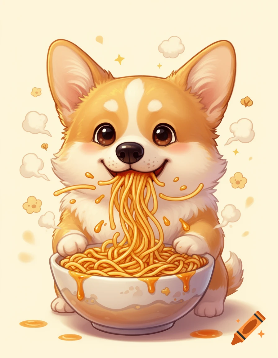 Cute cartoon corgi with a huge happy face slurping a large bowl of noodles, with sauce splashes around it.