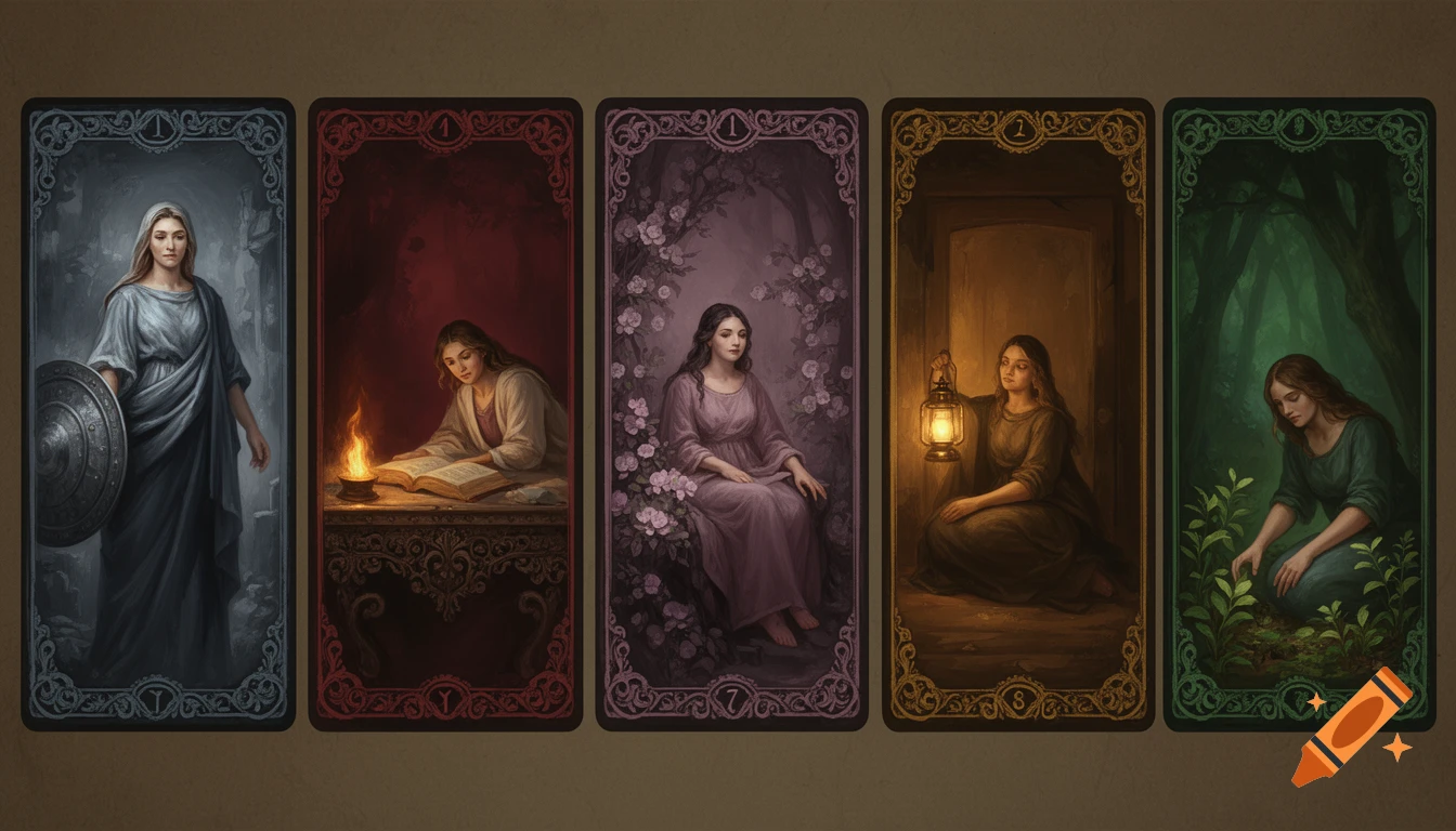 Five painterly tarot cards in a row, each featuring a woman in a distinct setting and color palette, like a warrior, a scholar, and a gardener.