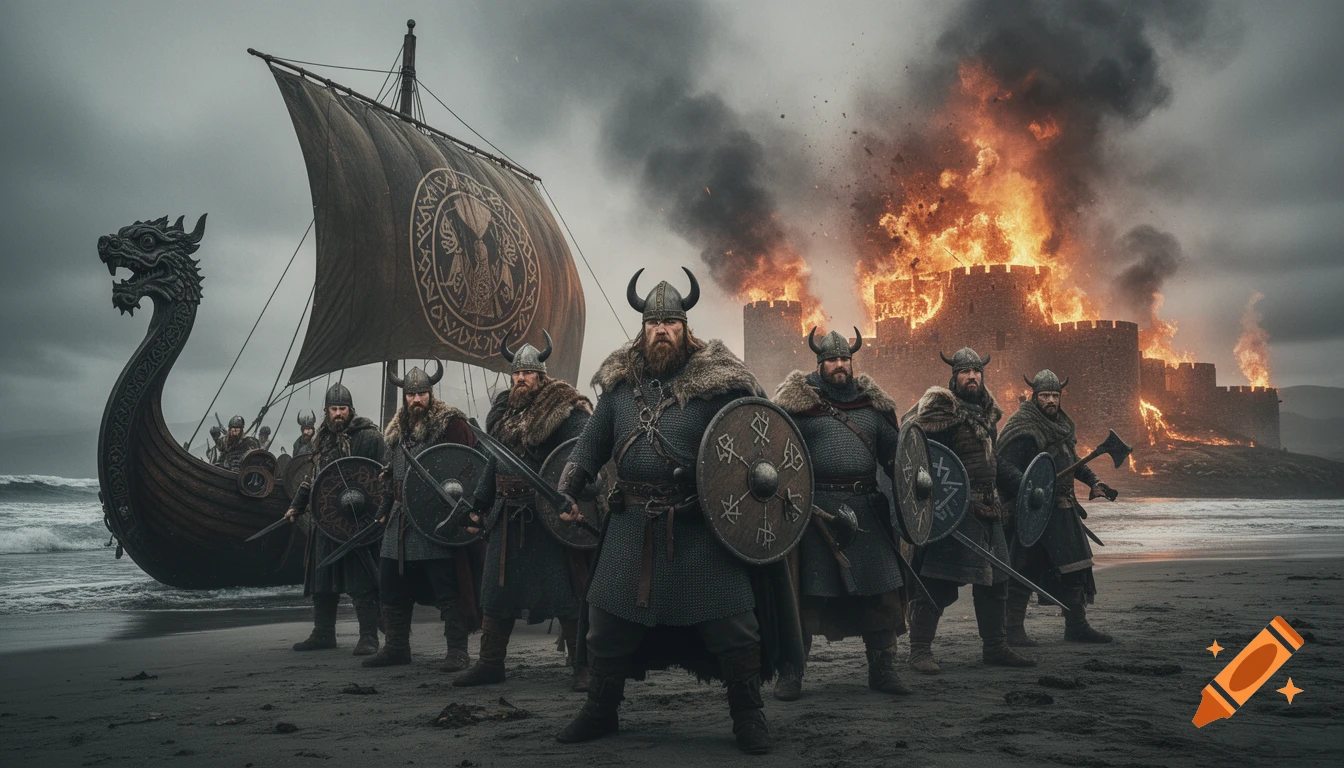 A group of armored Vikings stand on a dark sandy beach with their longship, shields, and weapons, facing a large castle engulfed in flames under a stormy sky.