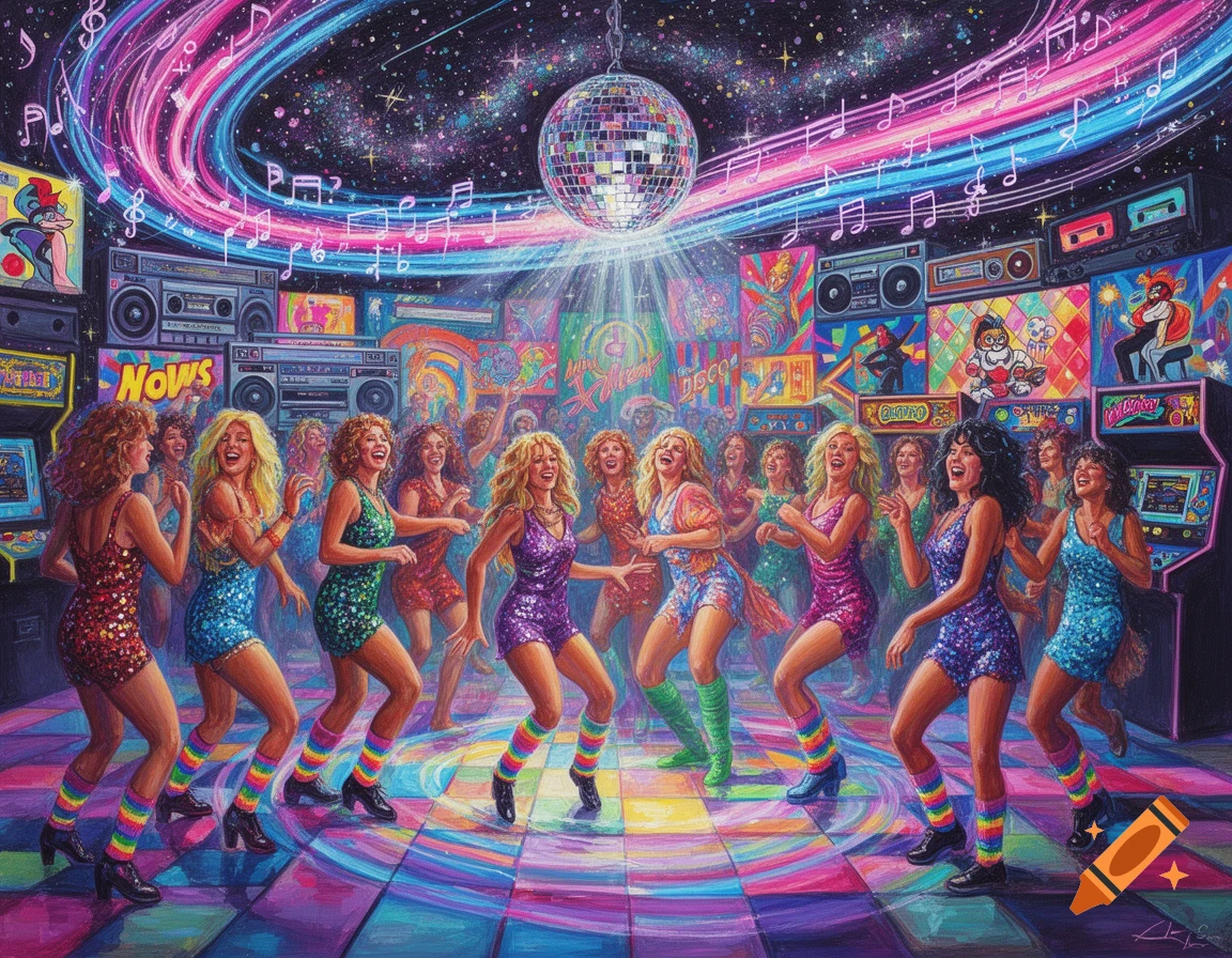 A vibrant 80s disco scene with many women in colorful sequined outfits dancing under a glittering disco ball, surrounded by boomboxes and arcade machines.