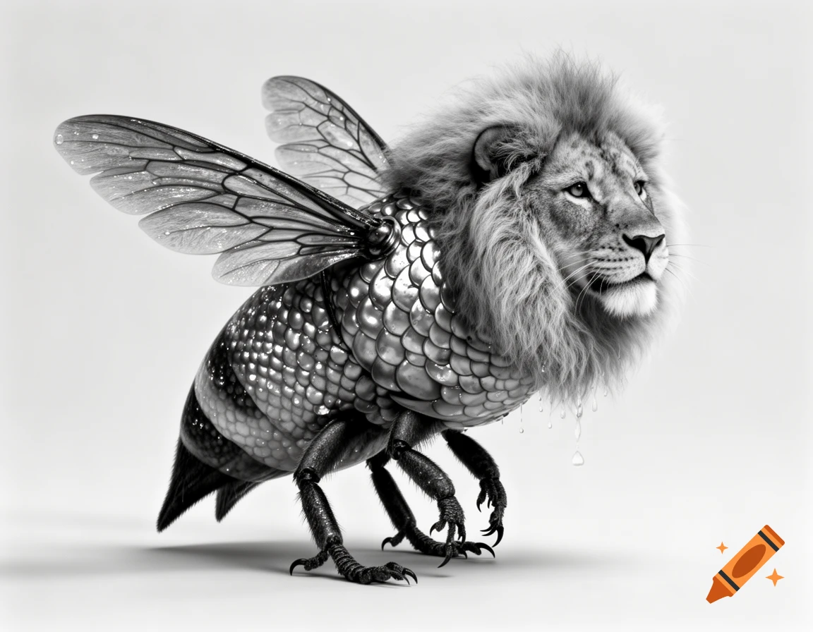 A striking black and white photo of a mythical creature with a lion's head, scaled bee-like body, and bird wings and feet, standing on a plain background.
