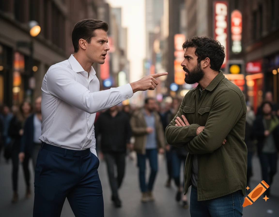 Two men argue in a busy city street, one pointing angrily while the ...