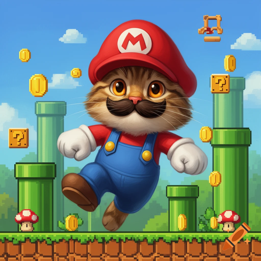 A fluffy brown cat dressed as Super Mario, with a mustache, jumps in a pixelated Mario Bros. world with pipes, coins, and question blocks.