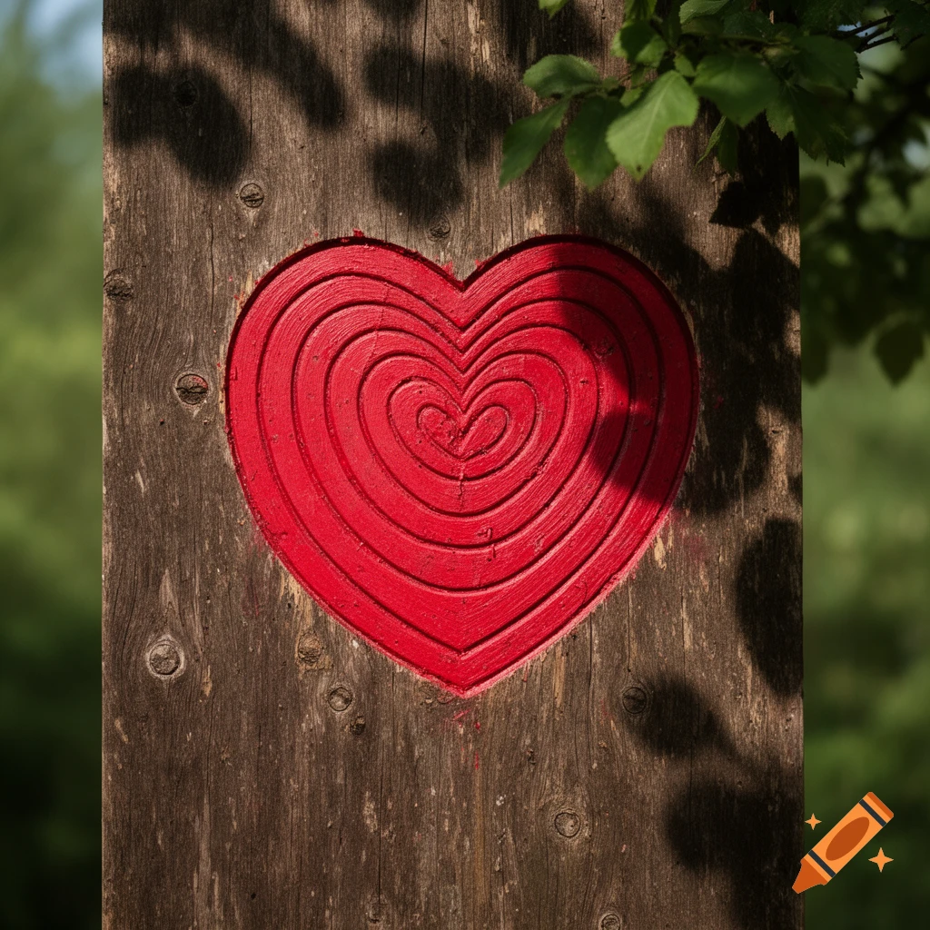 A vibrant red heart with concentric lines carved into a rustic wooden surface, with blurred green foliage in the background.