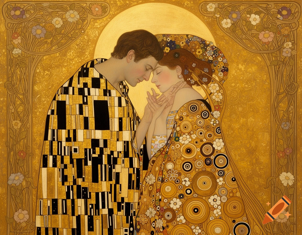 Art Nouveau painting of two lovers with foreheads touching, dressed in ornate gold robes against a golden, patterned background.