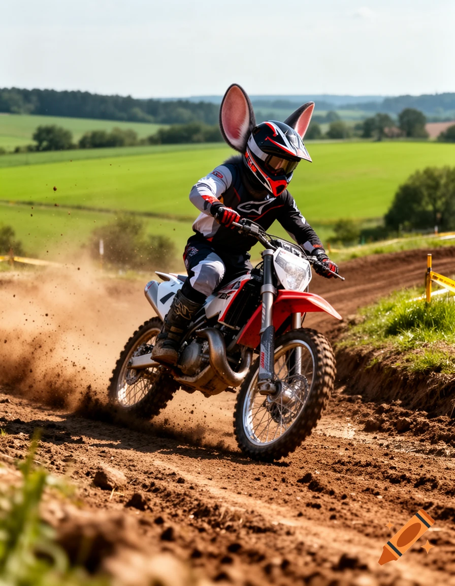 A person with rabbit ears on a helmet rides a dirt bike on a dusty motocross track, kicking up dirt, with green fields behind.