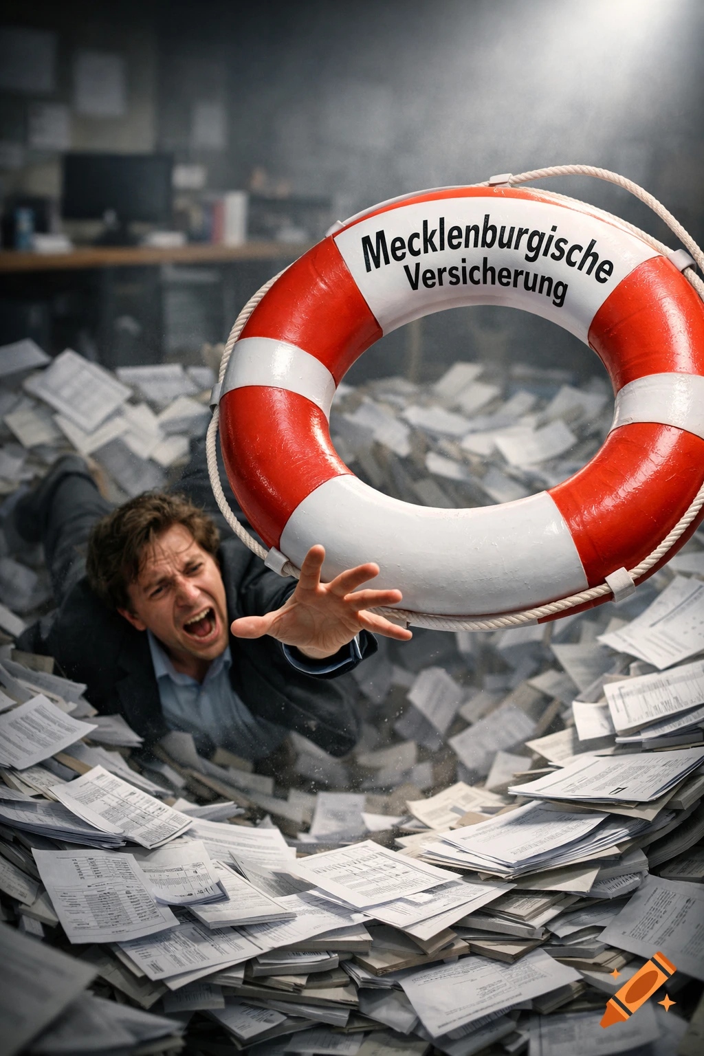 Distressed man in a suit sinking into a whirlpool of papers, reaching for a lifebuoy labeled "Mecklenburgische Versicherung".
