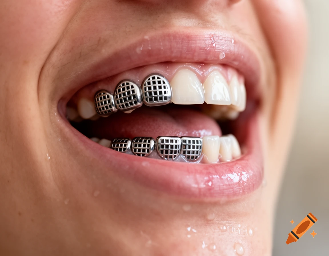Close-up of an open mouth revealing metallic, grid-patterned dental devices on the back teeth, with saliva visible on the lips.