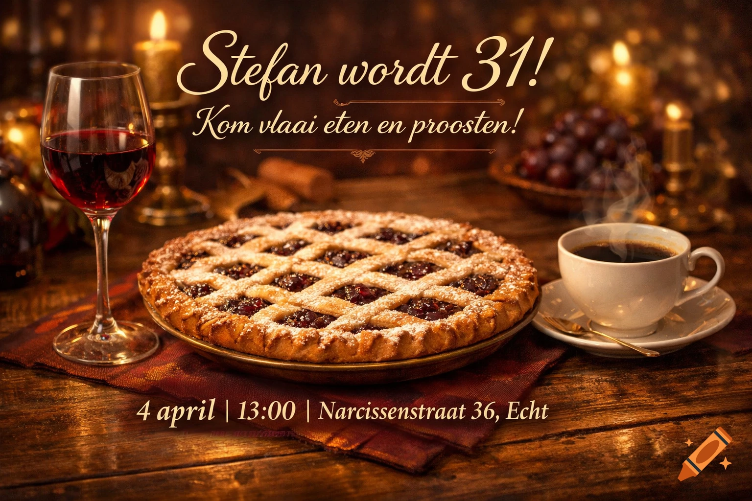 A warm, photorealistic birthday invitation for Stefan featuring a cherry pie, red wine, and coffee on a candlelit wooden table.