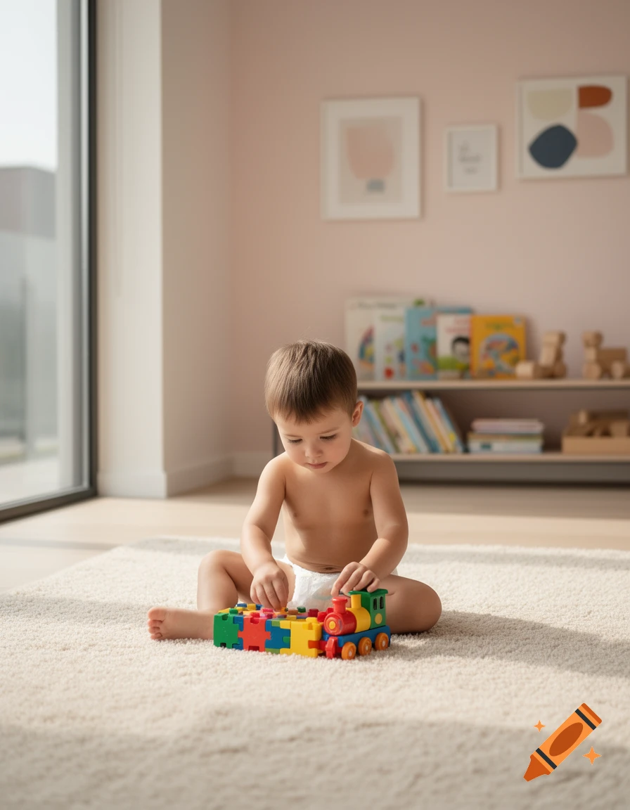 A baby in a diaper sits on a fluffy rug, playing with a colorful toy train.
