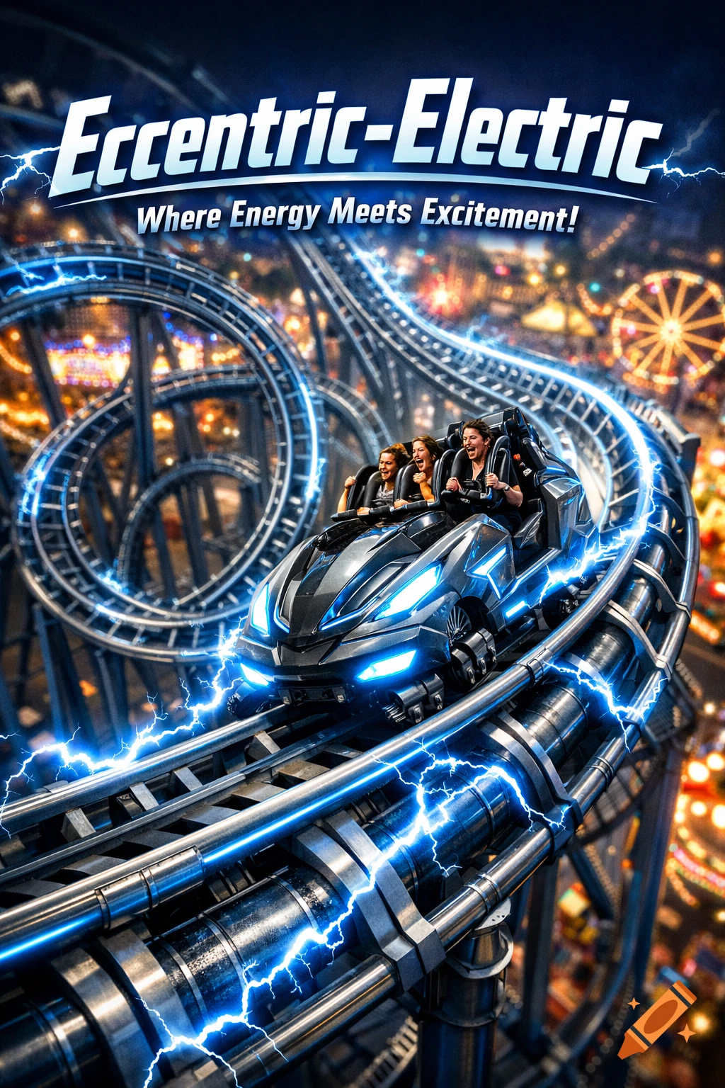 A photorealistic ad for the Eccentric-Electric roller coaster, with a sleek dark gray car, neon blue highlights, and electricity coursing along its tracks. Riders are enjoying the thrilling ride, with a blurred amusement park background.