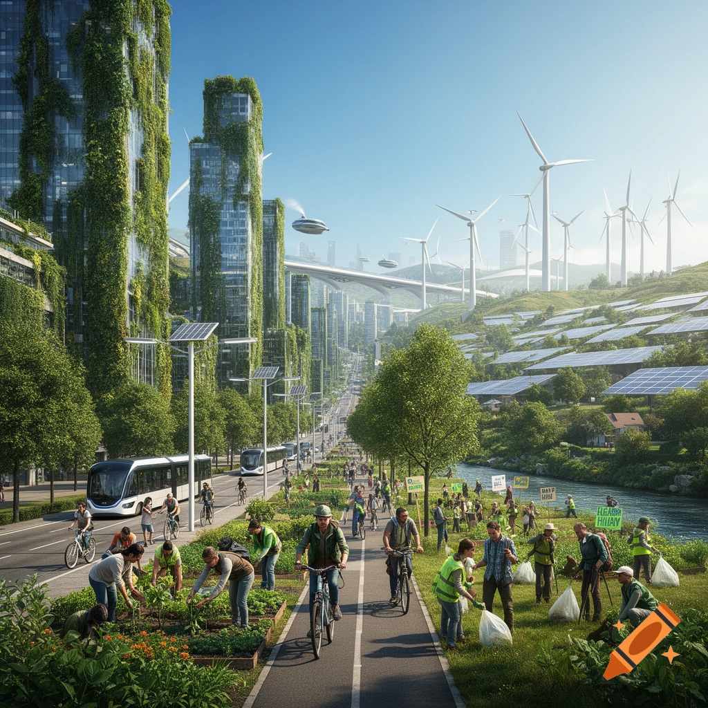 A vibrant, futuristic green city with ivy-covered skyscrapers, solar panels, and wind turbines. People cycle, ride electric buses, garden, and clean along a river.