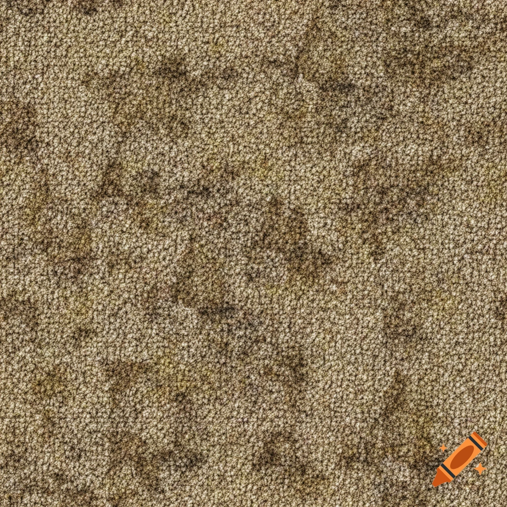 Seamless tiling texture of an old, moist, tan-brown carpet with dark grunge spots.