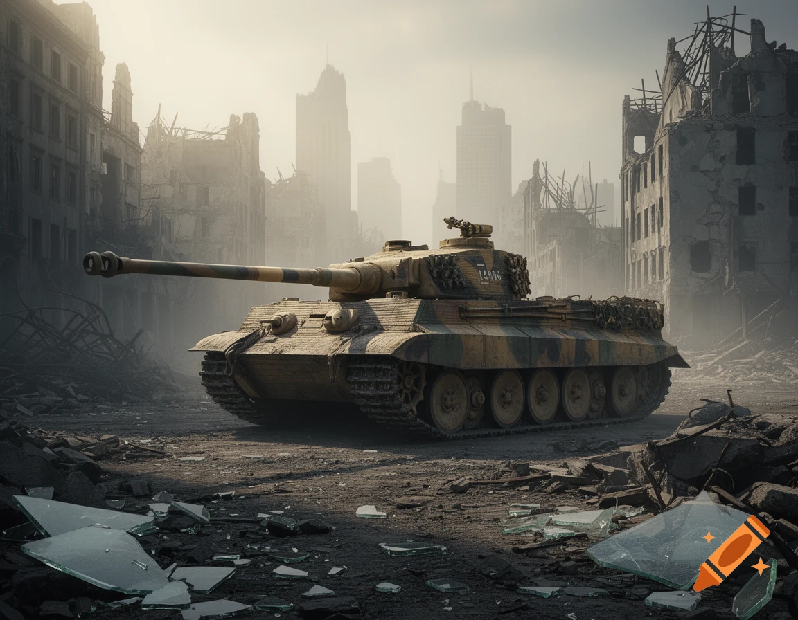 Photorealistic image of a Tiger 2 tank standing in desolate city ruins with debris and broken glass in the foreground.