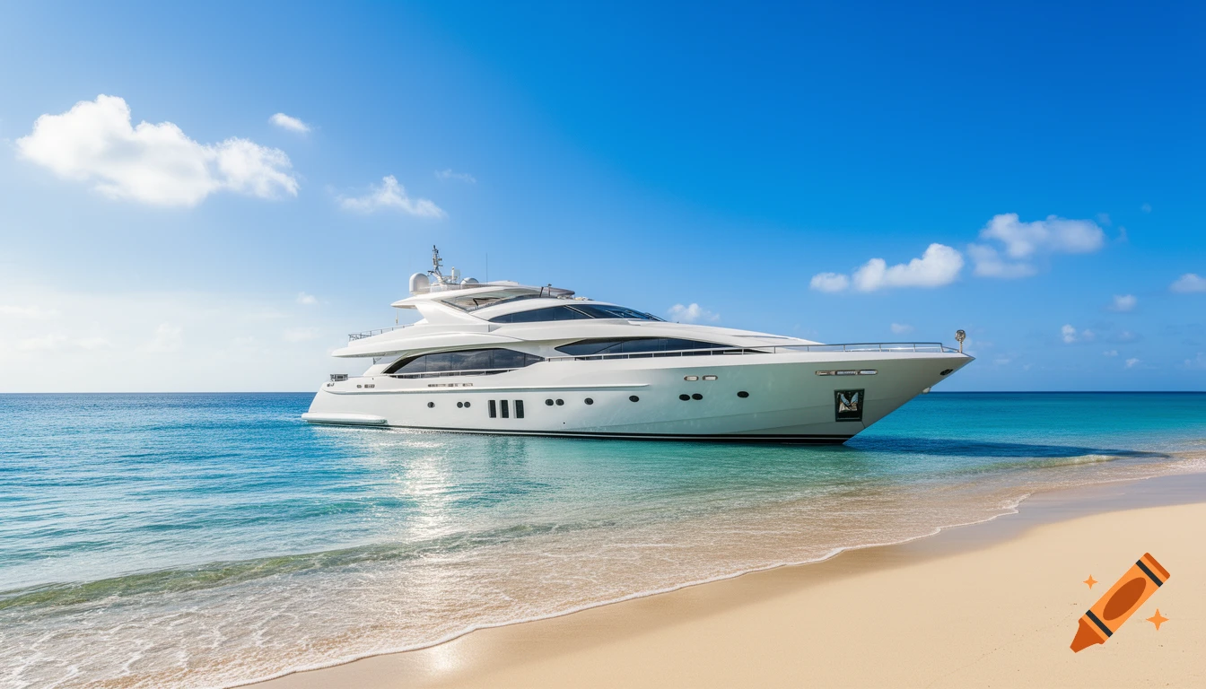 A white luxury yacht floats in clear blue water next to a sandy beach under a bright blue sky.