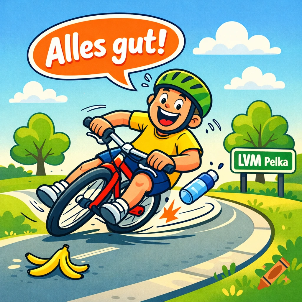 A friendly cartoon boy in a helmet smiles while riding a bike, about to slip on a banana peel on a winding road, with 'Alles gut!' in a speech bubble and a 'LVM Pelka' sign.