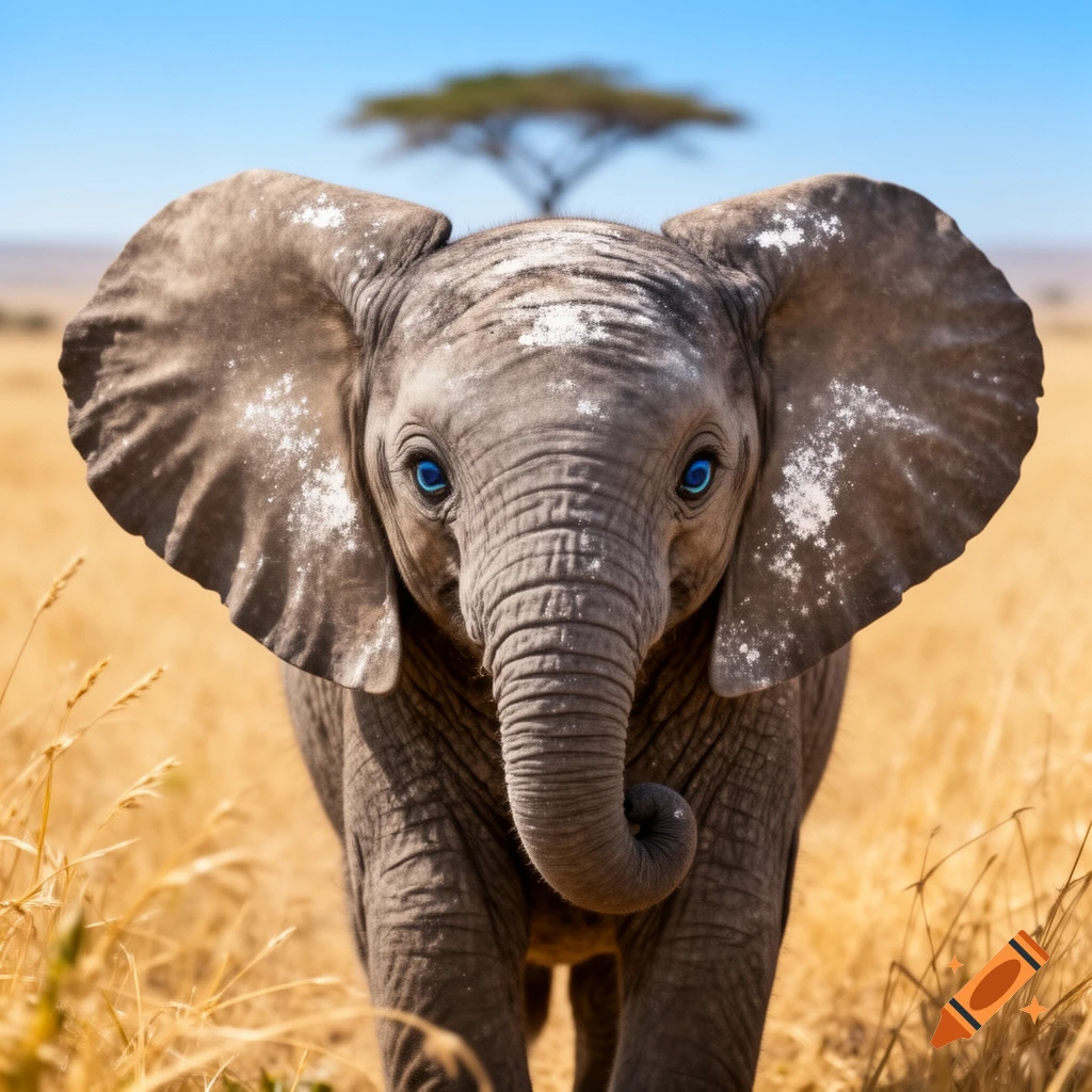 A close-up of a baby elephant with striking blue eyes standing in tall yellow grass in a savanna, with a tree in the background.
