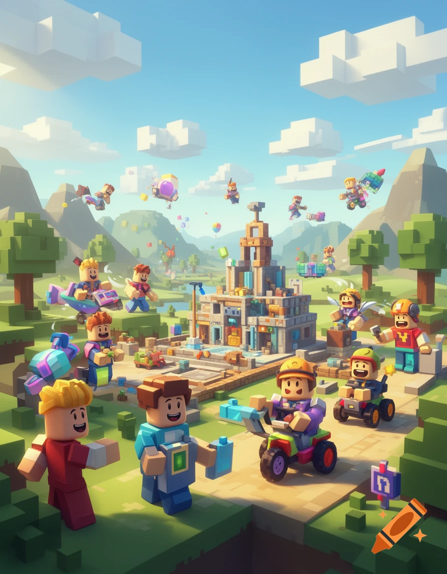 A vibrant block art landscape filled with cartoon characters building and playing, in a style reminiscent of Minecraft or Roblox.