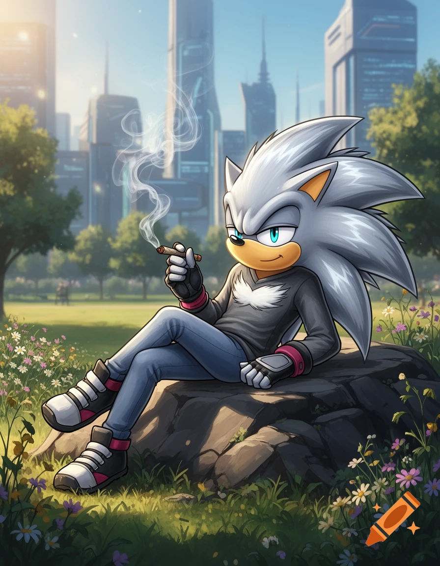 Silver the Hedgehog sits on a rock in a park, smoking, with a futuristic city skyline behind him, in a cartoon style.