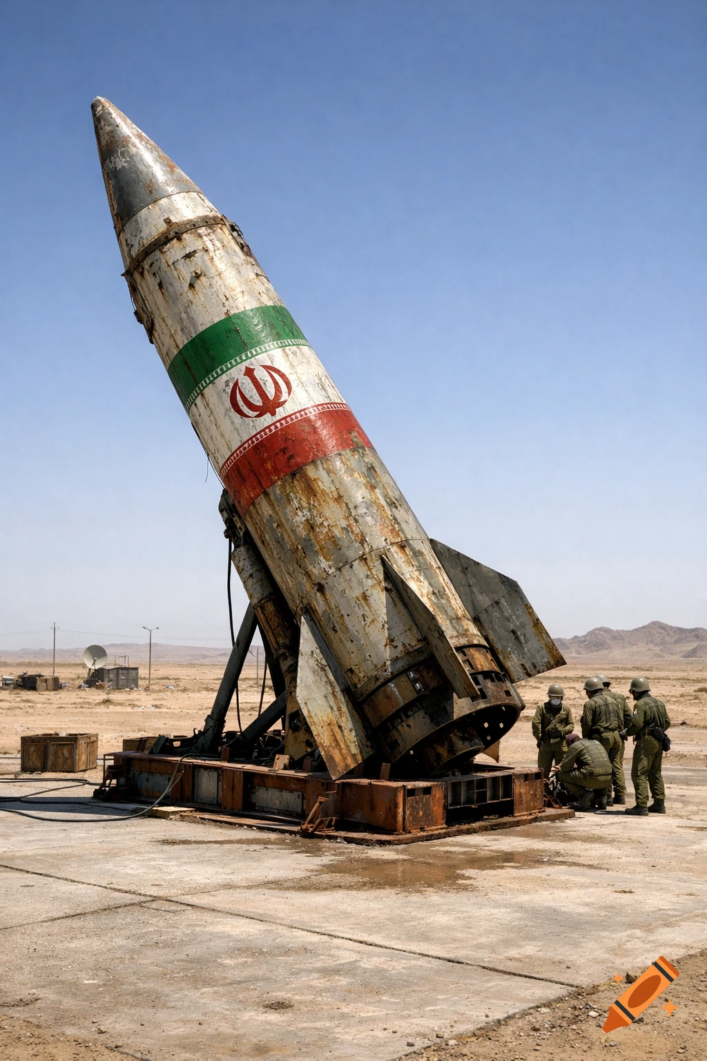 A large, rusty missile with the Iranian flag emblem stands tilted in a desert with soldiers nearby, photorealistic.