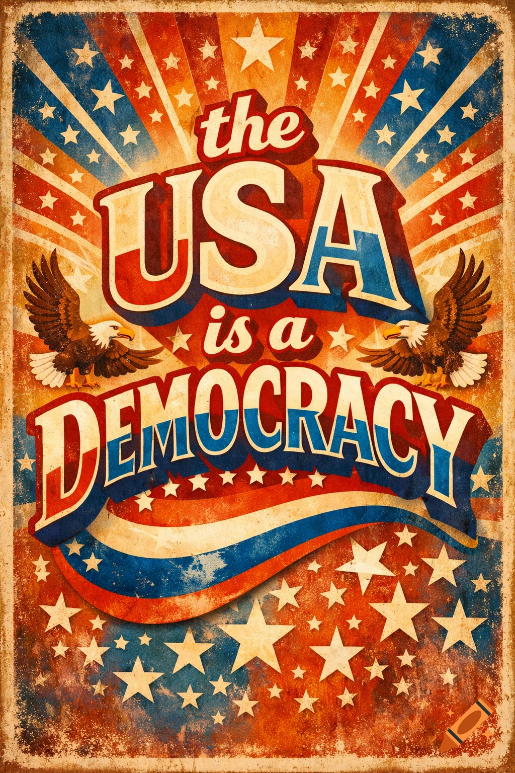 Vintage patriotic poster with text 'the USA is a DEMOCRACY' in red, white, and blue, flanked by two bald eagles.