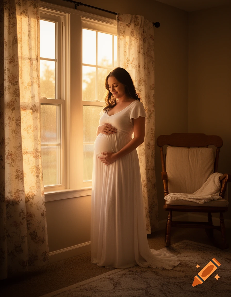 A pregnant woman in a white dress stands by a sunlit window, gently holding her belly, in a warm, photorealistic indoor scene.