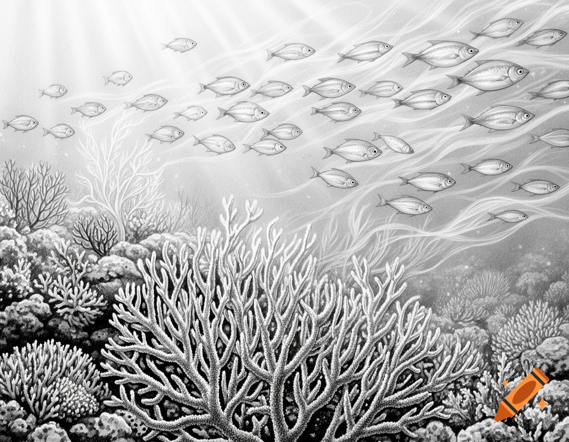 Black and white drawing of fish swimming above a vibrant coral reef, with rays of light penetrating the water.