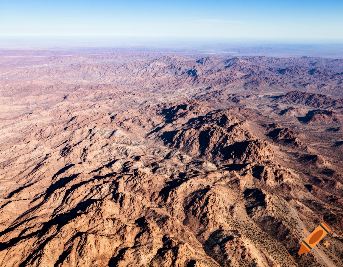 Aerial view of a vast, rocky desert landscape with numerous reddish-brown mountains and hills under a clear blue sky.