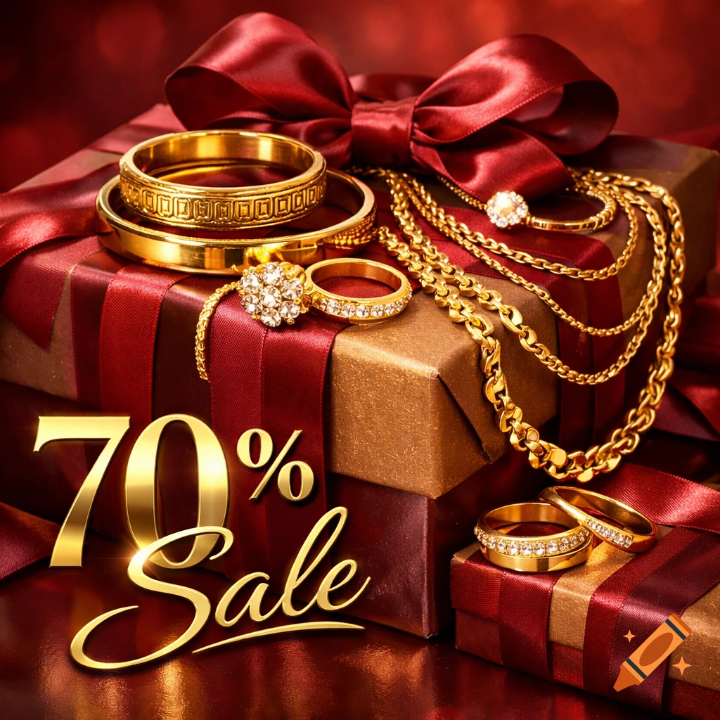 Photorealistic image of yellow gold jewelry, including bracelets, rings, and necklaces, on red-ribboned gift boxes with '70% Sale' text.