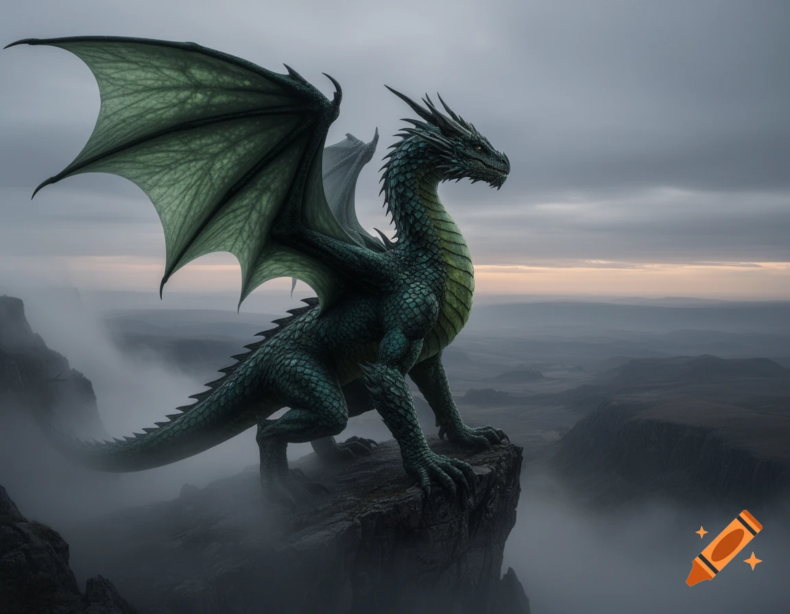 A majestic green dragon with large wings perched on a rocky cliff ...