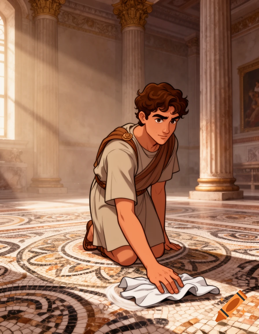 A cartoon Roman man with brown hair and eyes, wearing a tunic, kneels to clean a patterned mosaic floor in a grand hall.