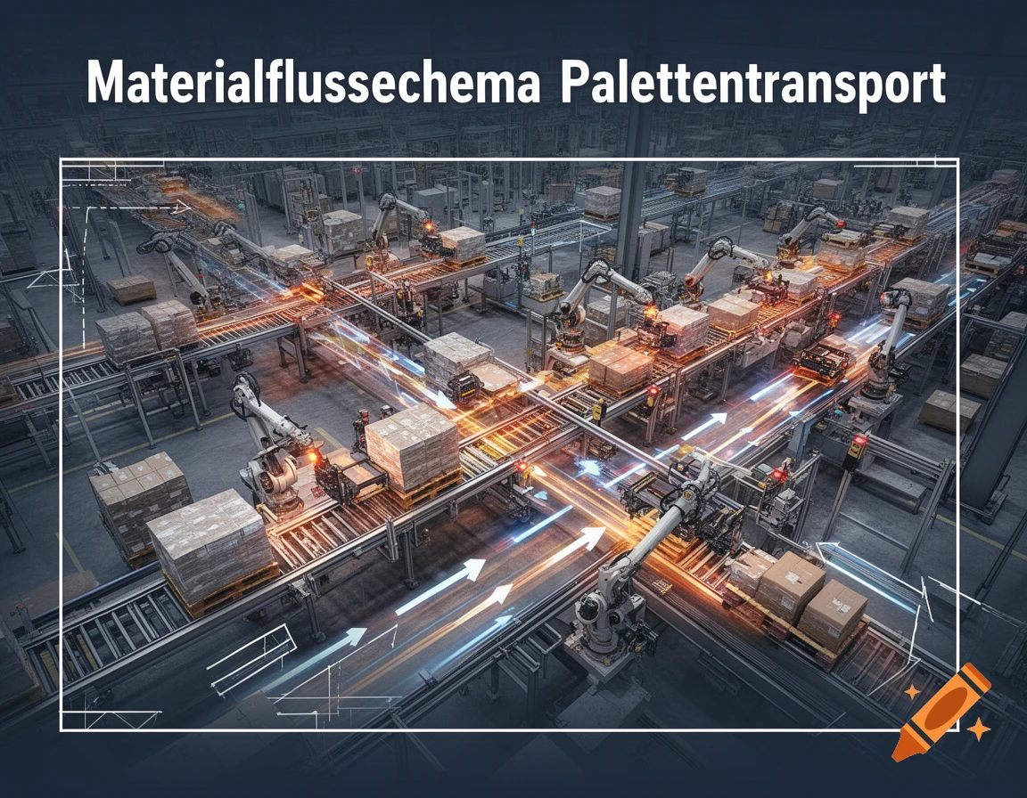 An automated factory floor with robotic arms moving palletized boxes on conveyor belts, illuminated by glowing lines and arrows indicating material flow, with the German text 'Materialflussechema Palettentransport' at the top.