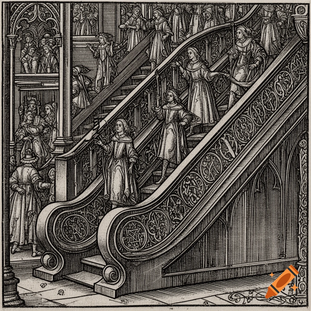 Black and white medieval engraving depicts people ascending and descending a grand, ornate escalator within a gothic building.