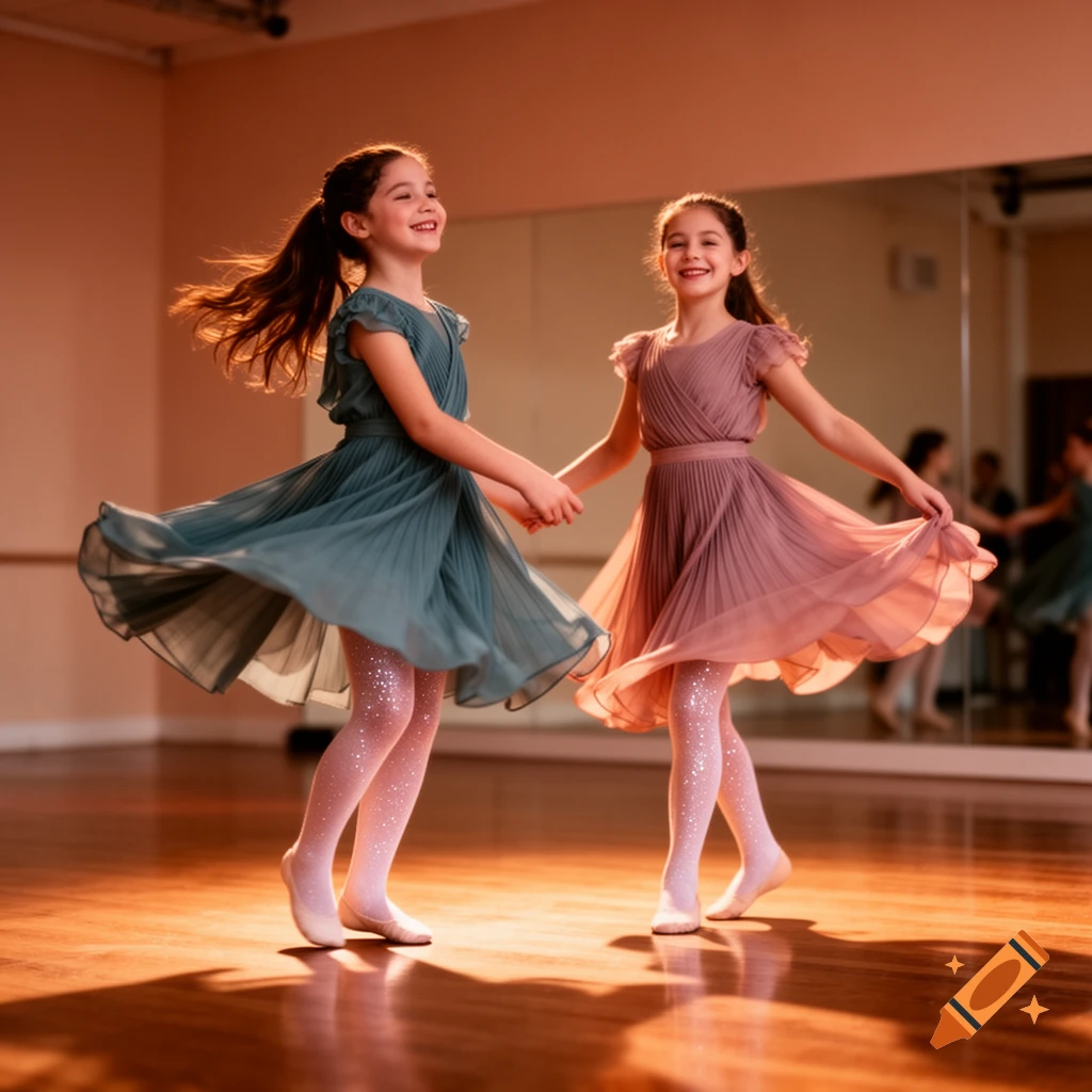 Two smiling young girls in pleated dresses and sparkly white tights hold hands and dance in a studio.