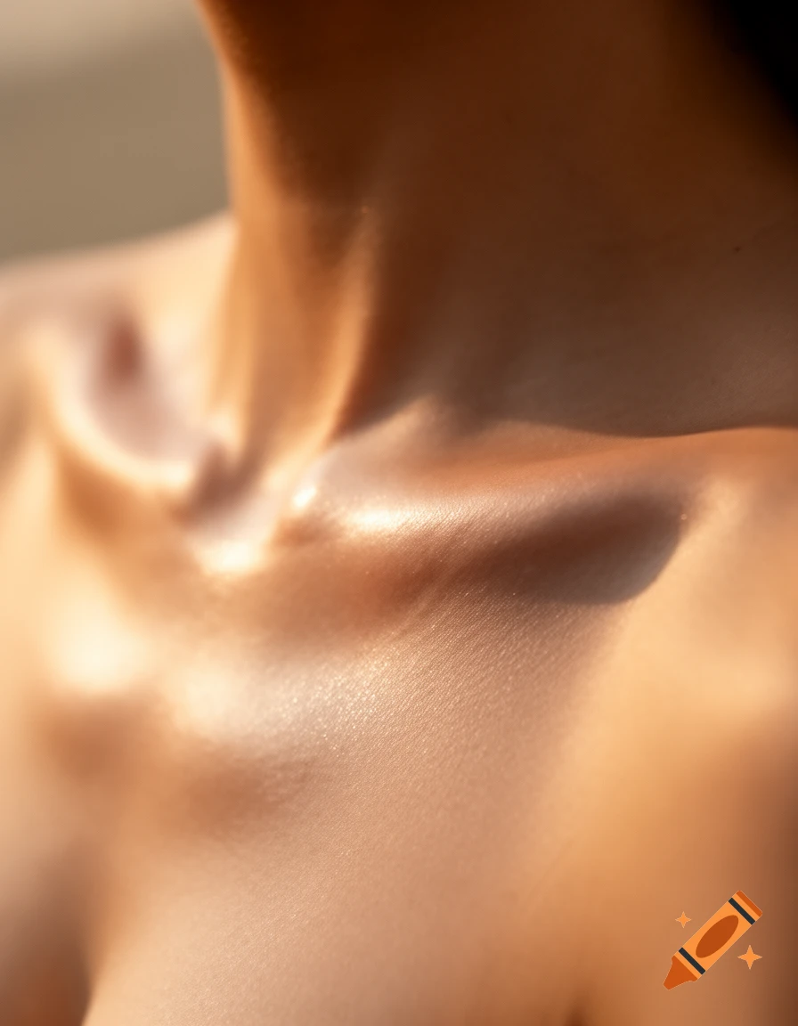 Close-up of a person's neck and collarbones, highlighted by warm light on glistening skin.