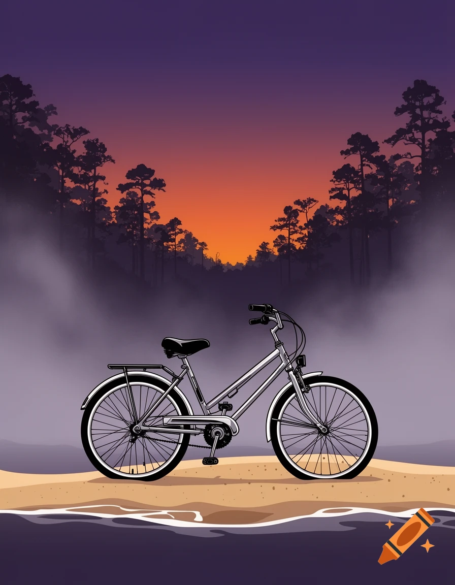 A vector illustration of a bicycle resting on a sandy shore at sunset, with a dense, silhouetted forest line in the background.